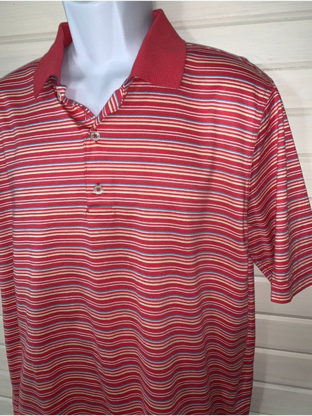 Bobby Jones Sz LARGE Men's Striped Golf Shirt 100% Cotton Logo Red EUC